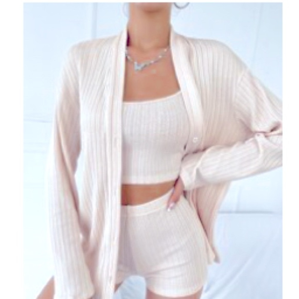 SHEIN SXY Crop Cami Top Drop Shoulder Open Front Coat Drawstring Waist Shorts
